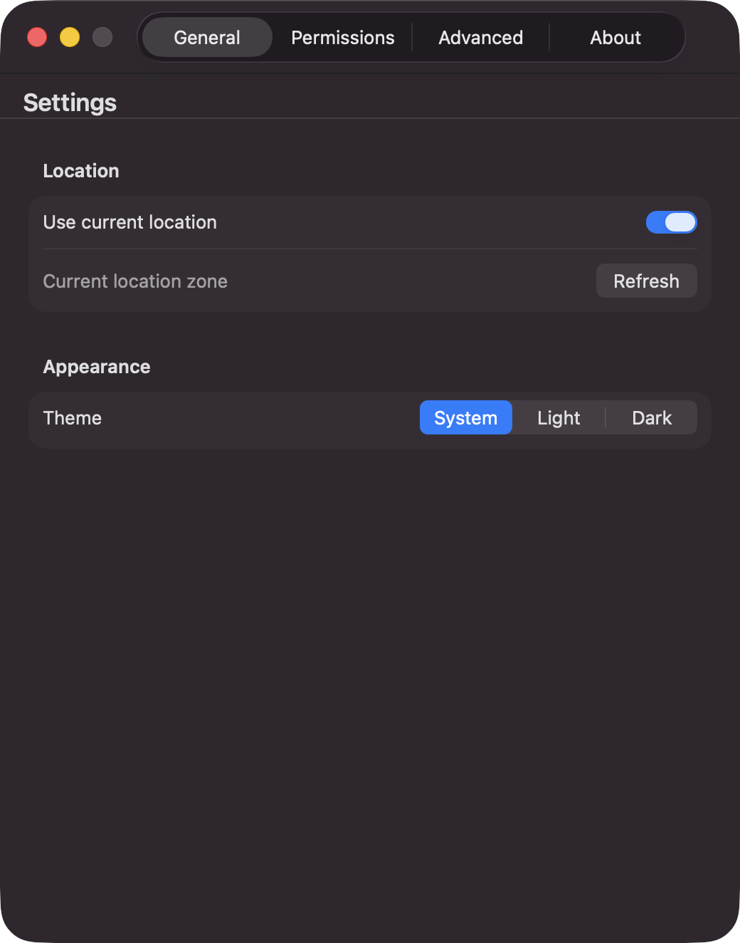 General settings with location and appearance controls