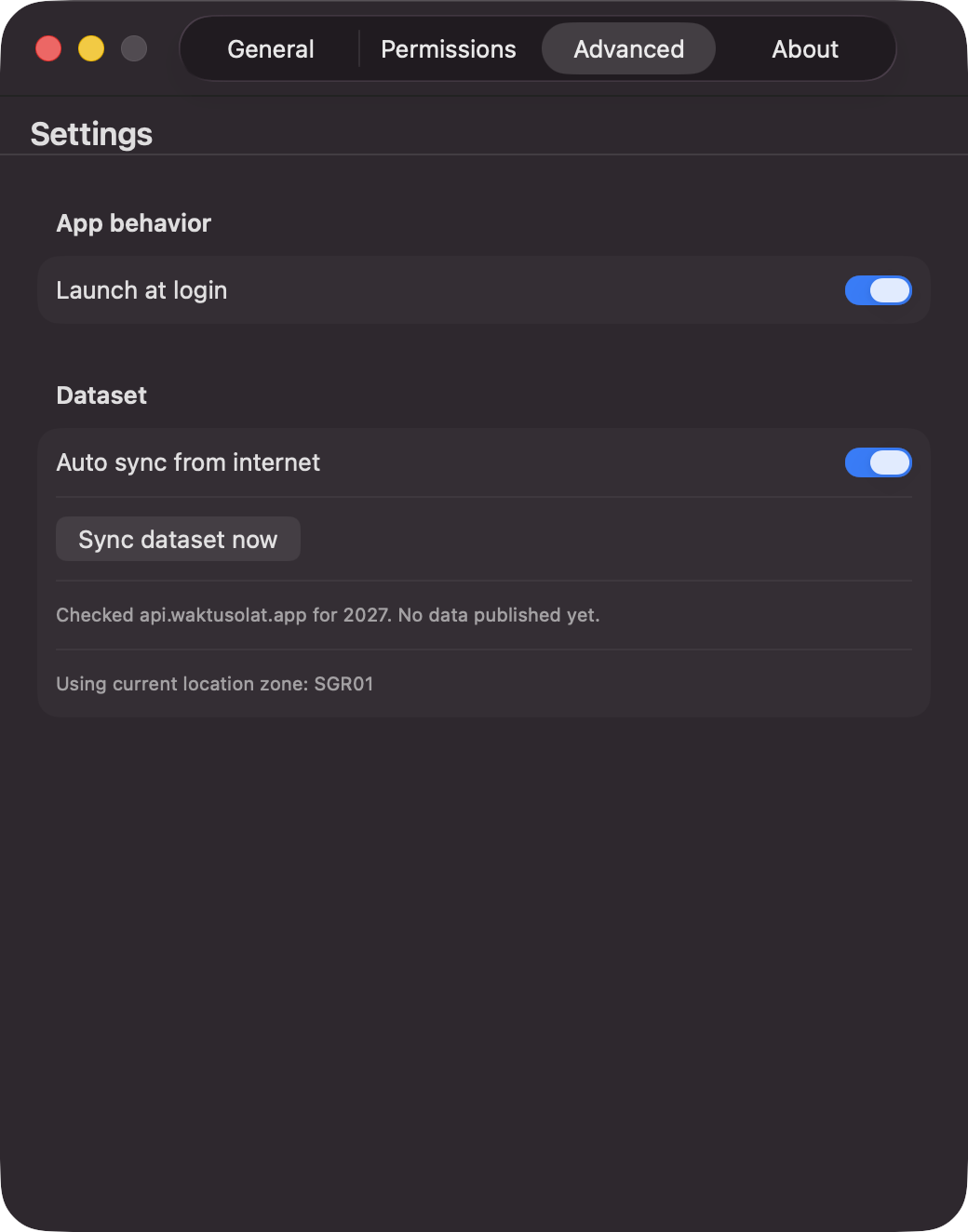 Advanced preferences showing automatic timetable dataset syncing