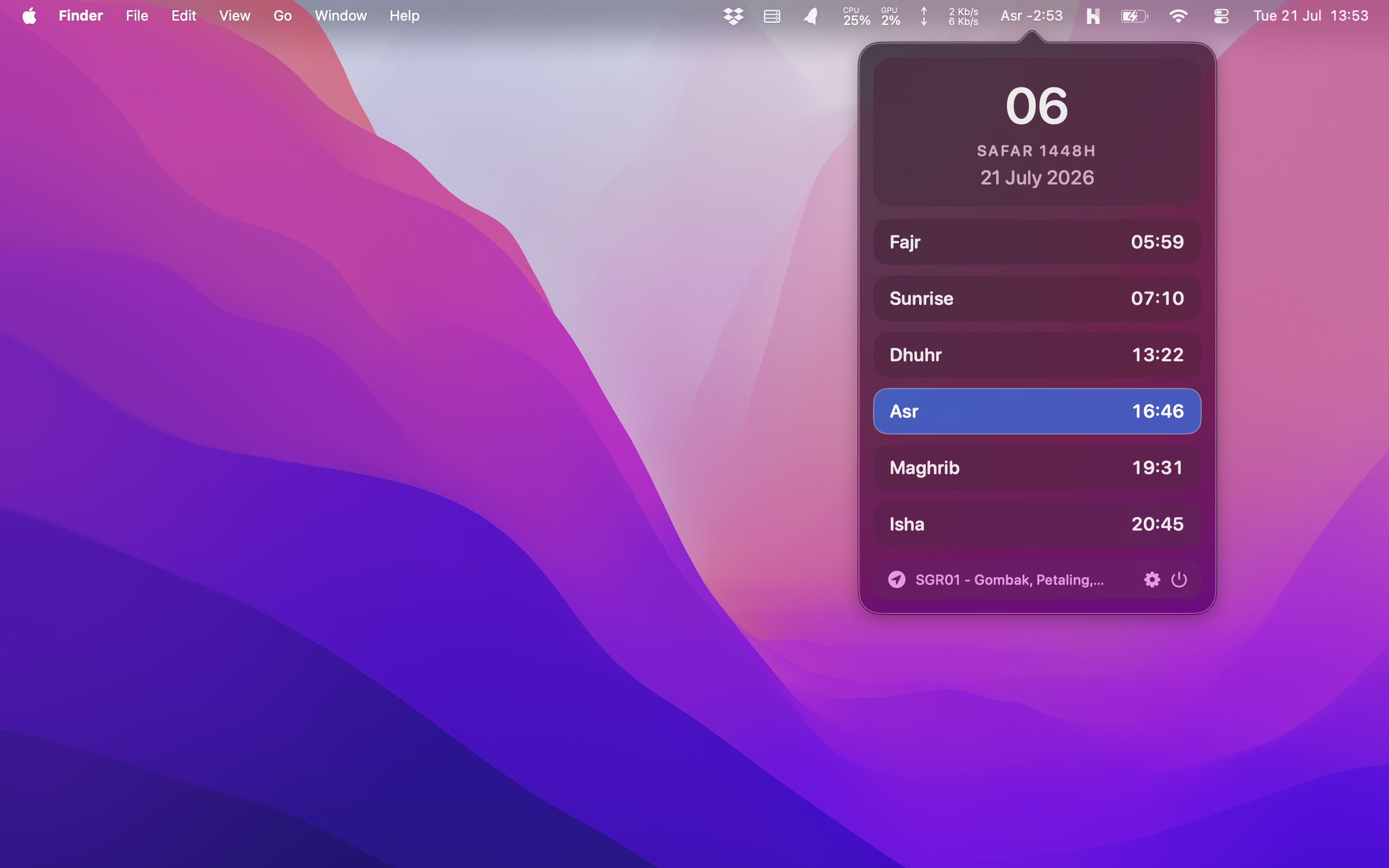 WaktuSolatMini opened from the macOS menu bar