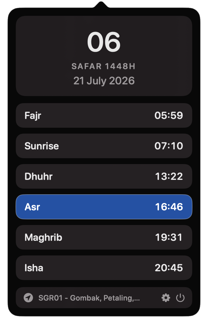 WaktuSolatMini menu showing today’s prayer times for the SGR01 zone